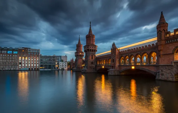 Bridge, river, building, Germany, night city, Germany, Berlin, Berlin
