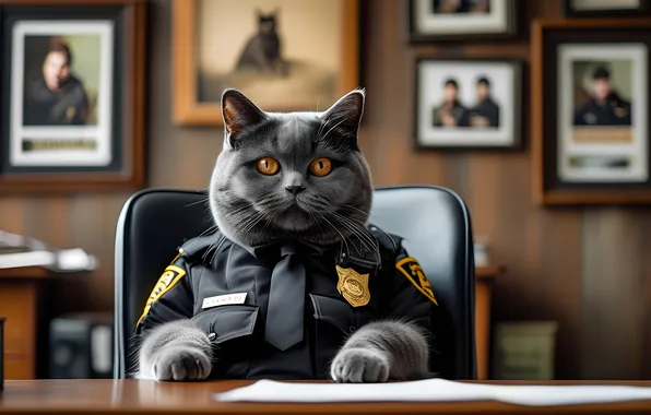 Cat, chair, office, grey cat, police officer, police costume