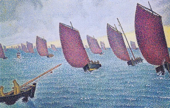 Boat, picture, sail, seascape, Paul Signac, pointillism, Concarneau. Return Longbottom