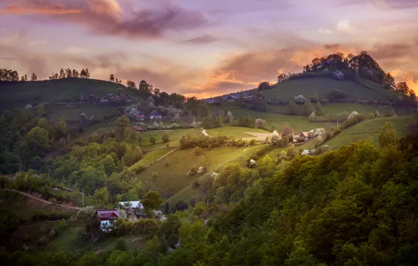 The sky, clouds, hills, spring, morning, village, Romania