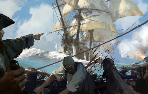 Picture game, sea, pirate, hat, man, ship, sails, crew