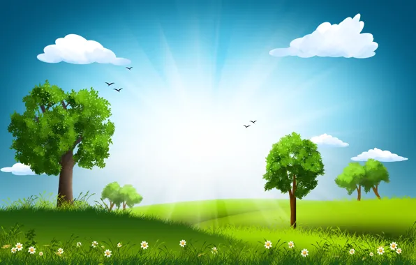 Summer, the sky, grass, clouds, trees, flowers