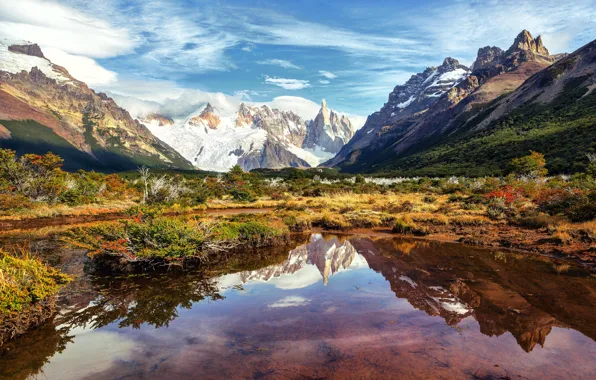 Reflection, mountains, lake, Argentina, Andes, South America, Patagonia