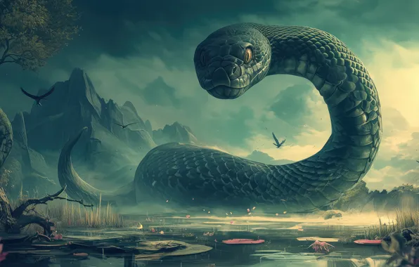 Water, Mountains, Look, Snake, Birds, Reptile, Animal, Digital art