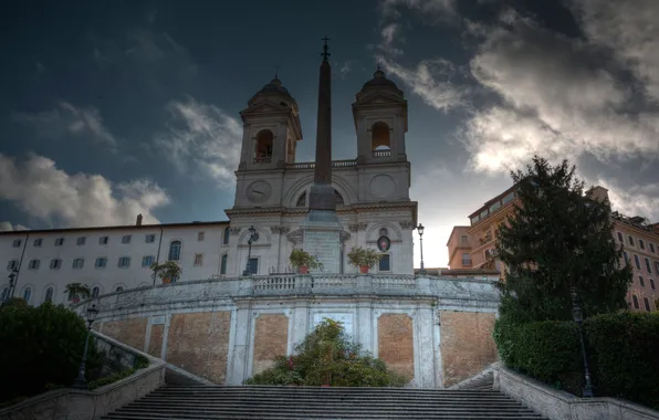 Picture the sky, clouds, hdr, Rome, Italy, stage, obelisk, The Spanish steps