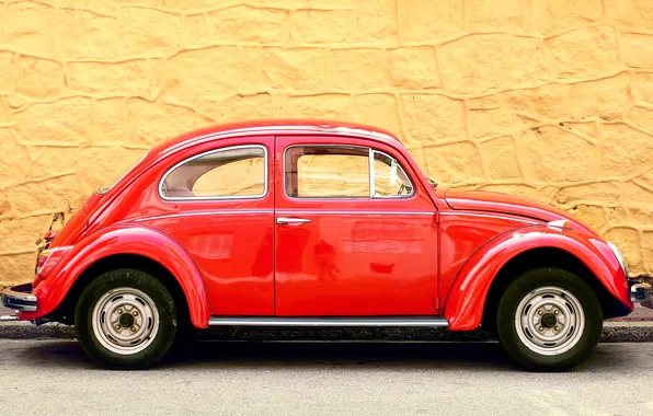 Picture machine, background, wall, volkswagen, red, yellow, beetle