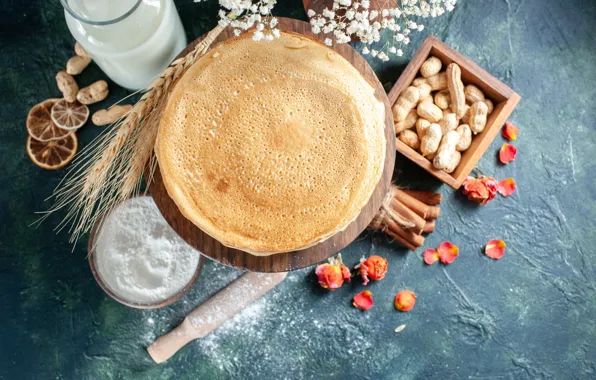 Wheat, flowers, table, petals, milk, Bank, ears, bowl