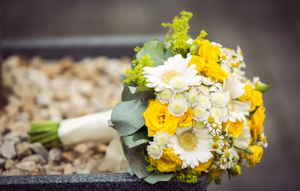 Yellow, roses, bouquet, white, gerbera, chrysanthemum, bokeh