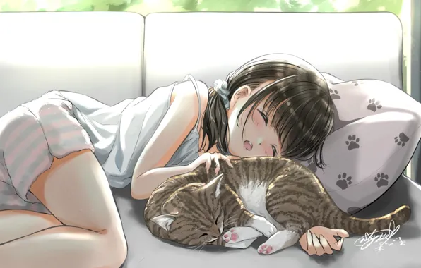 Picture sleeping, girl, pillow, pajamas, on the couch, in the room, tabby cat, sweet dream