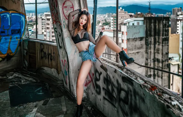 Picture girl, face, the city, pose, model, shorts, building, height
