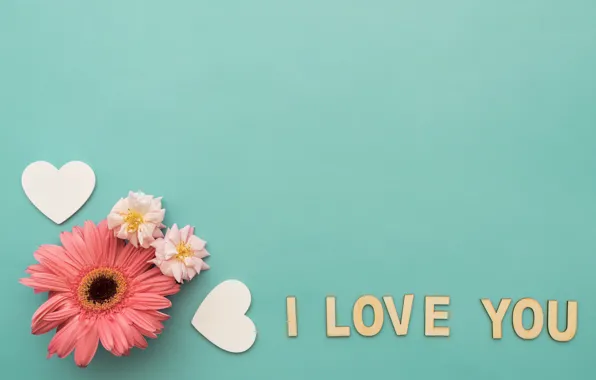 Picture love, flowers, hearts, love, gerbera, I love you, heart, pink
