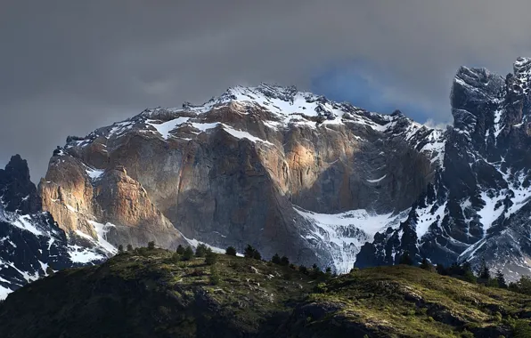 Winter, the sky, clouds, snow, trees, mountains, clouds, nature