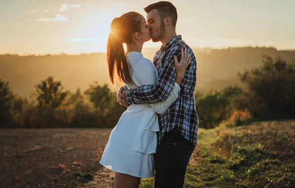 Girl, love, happiness, sunset, nature, romance, passion, kiss