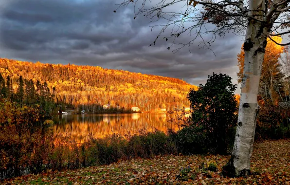 Autumn, landscape, clouds, nature, lake, tree, hills, Canada