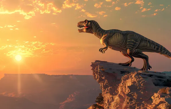 The sun, Rock, Dawn, Predator, Dinosaur, Animal, Digital art, Tyrannosaurus
