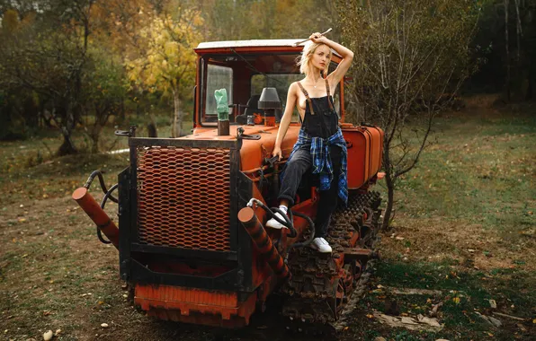 Chest, girl, nature, pose, blonde, tractor, jumpsuit, Mikhail Pershin