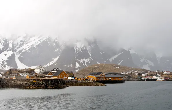 Picture winter, sea, snow, mountains, fog, coast, home, Norway