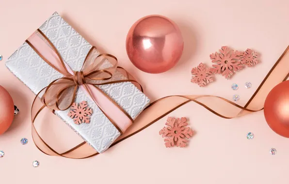 Balls, snowflakes, gift, balls, Christmas, tape, New year, pink background