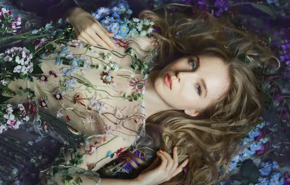 Girl, flowers, dress, curls, Rus, Oksana Vedmedenko