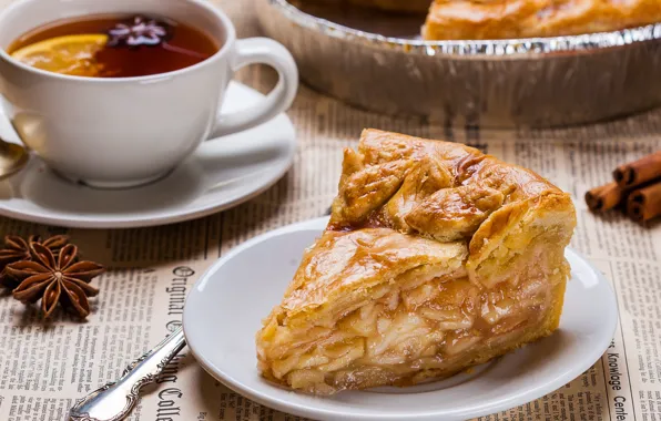 Picture tea, pie, cinnamon, spices, Apple