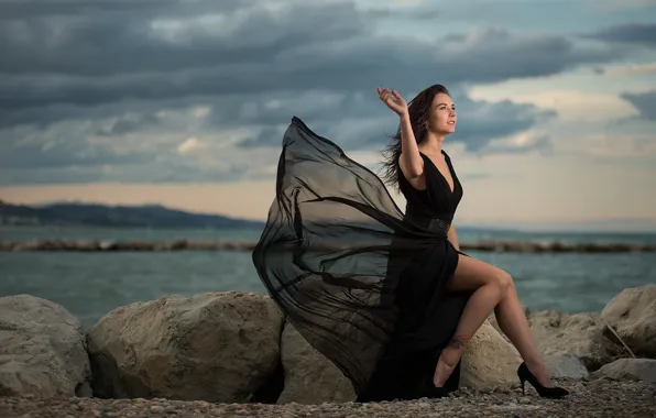 Girl, stones, the wind, coast, dress, Mila Volkova
