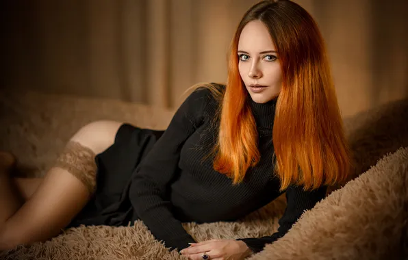 Look, girl, pose, stockings, red, redhead, long hair, Stanislav Maksimov