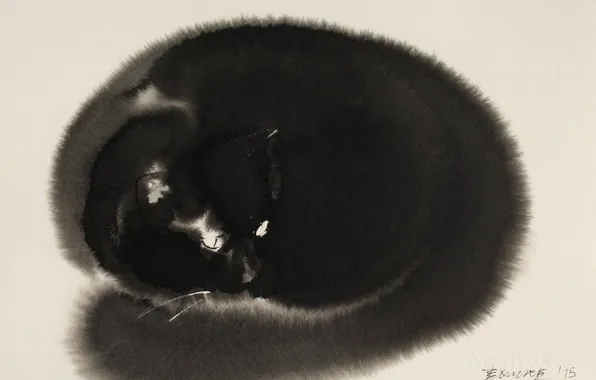 Look, figure, Koshak, watercolor, painting, light background, pussy, black cat