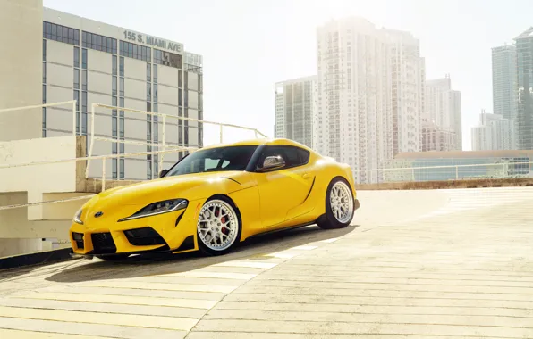 Yellow, building, sports car, Toyota Supra, 2020 Toyota GR Above