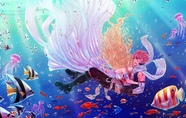Water, girl, fish, guy, under water, anime, art, fairy tail