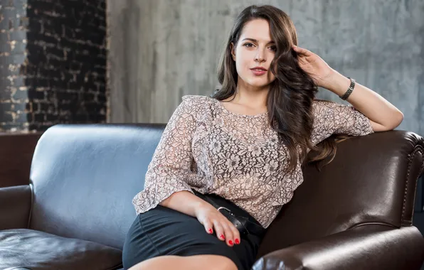 Woman, young, camera, sofa, looking, attractive, sitting