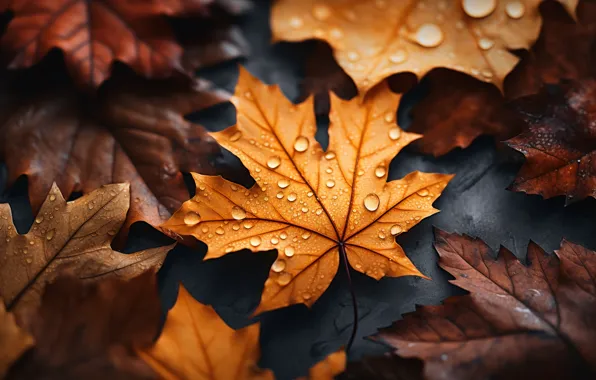 Autumn, leaves, drops, rain, autumn, leaves, drops