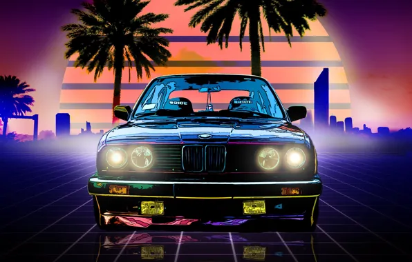 Picture The sun, Music, Neon, BMW, Machine, Boomer, Palm trees, Background