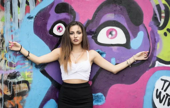 Picture summer, look, pose, wall, graffiti, model, hair, beauty
