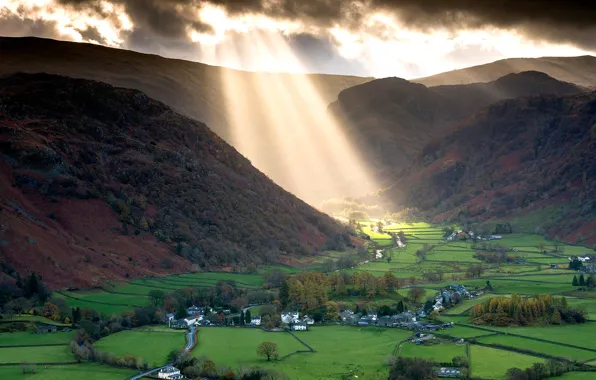Rays, light, mountains, clouds, England, valley, The lake district