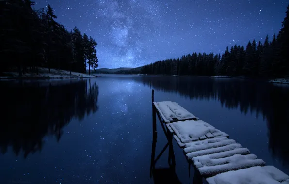 Winter, forest, the sky, stars, snow, trees, night, river