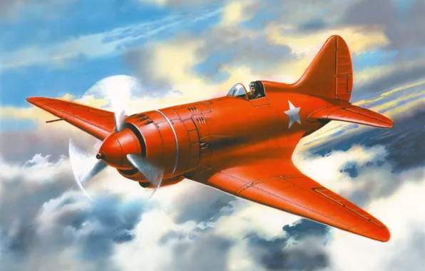 The sky, clouds, figure, fighter, Soviet, piston, single-engine, pilot