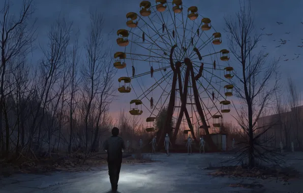 The evening, Monsters, People, Wheel, Ferris wheel, Park, Chernobyl, Pripyat