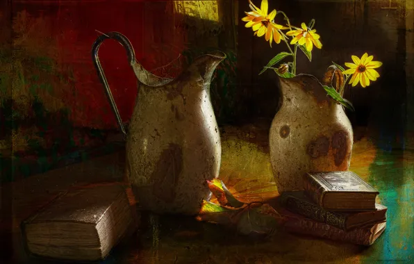 Flowers, style, books, vintage, pitchers