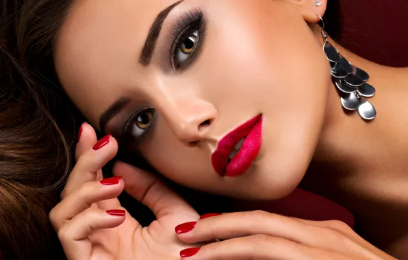 Picture look, red, face, eyelashes, hands, makeup, lipstick, earrings