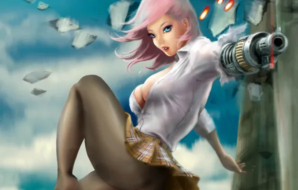 Chest, girl, weapons, skirt, art, shooting, shirt, Frankiew Yip