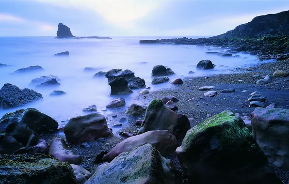 Picture sea, fog, rock, stones