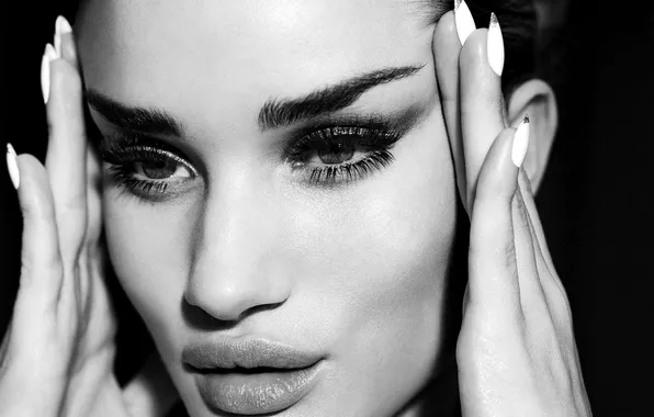 Girl, face, model, hands, makeup, black and white, Rosie Huntington-Whiteley, Rosie Huntington-Whiteley