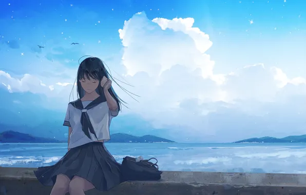 Sea, the sky, girl, shell, schoolgirl