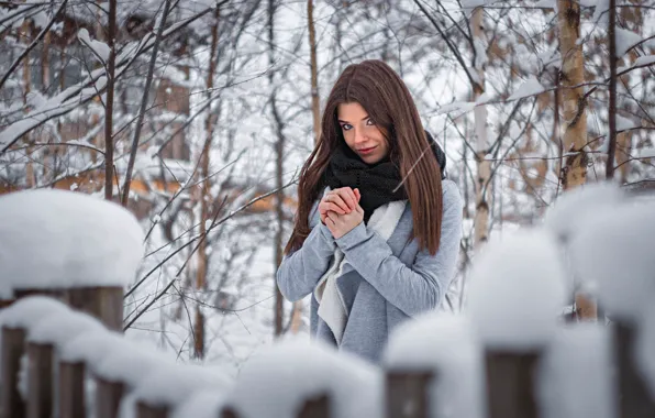 Winter, snow, trees, branches, Girl, Ivan Shcheglov