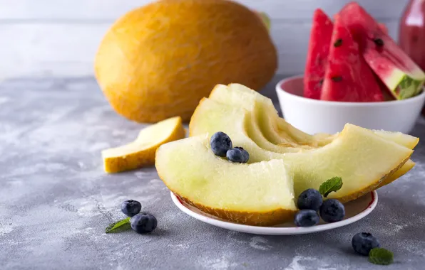 Watermelon, mint, melon, blueberries