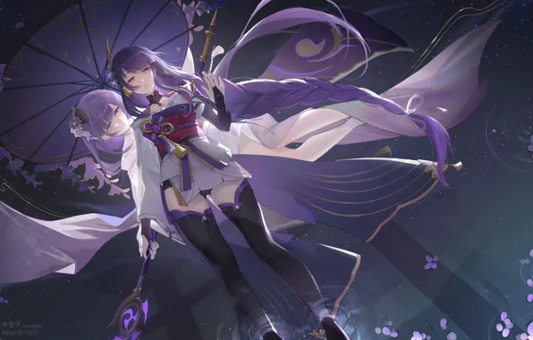 Picture water, girl, night, weapons, umbrella, fantasy, Genshin Impact, Raiden Shogun