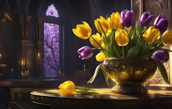 Light, table, castle, room, interior, bouquet, spring, candles