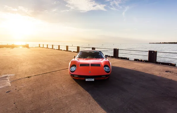 Sunset, The sun, The sky, Color, Sea, Auto, Lamborghini, Machine