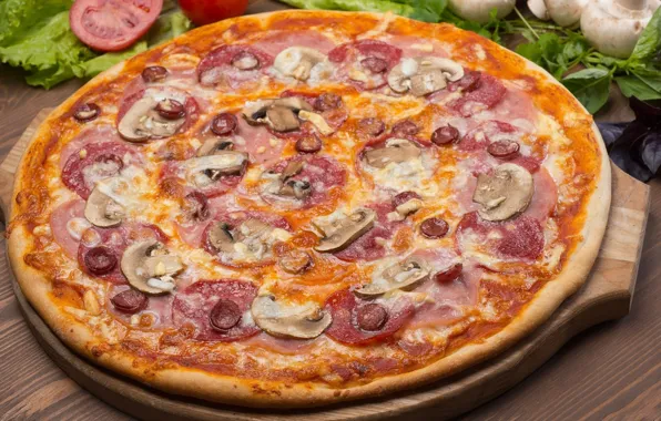 Mushrooms, cheese, Board, pizza, sausage, filling, ham