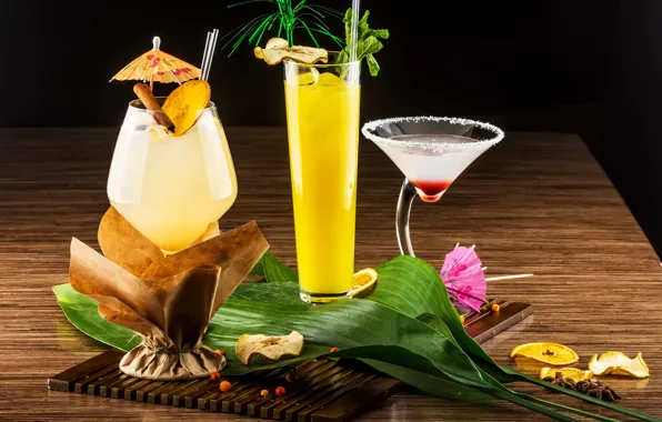 Table, glasses, black background, cocktails